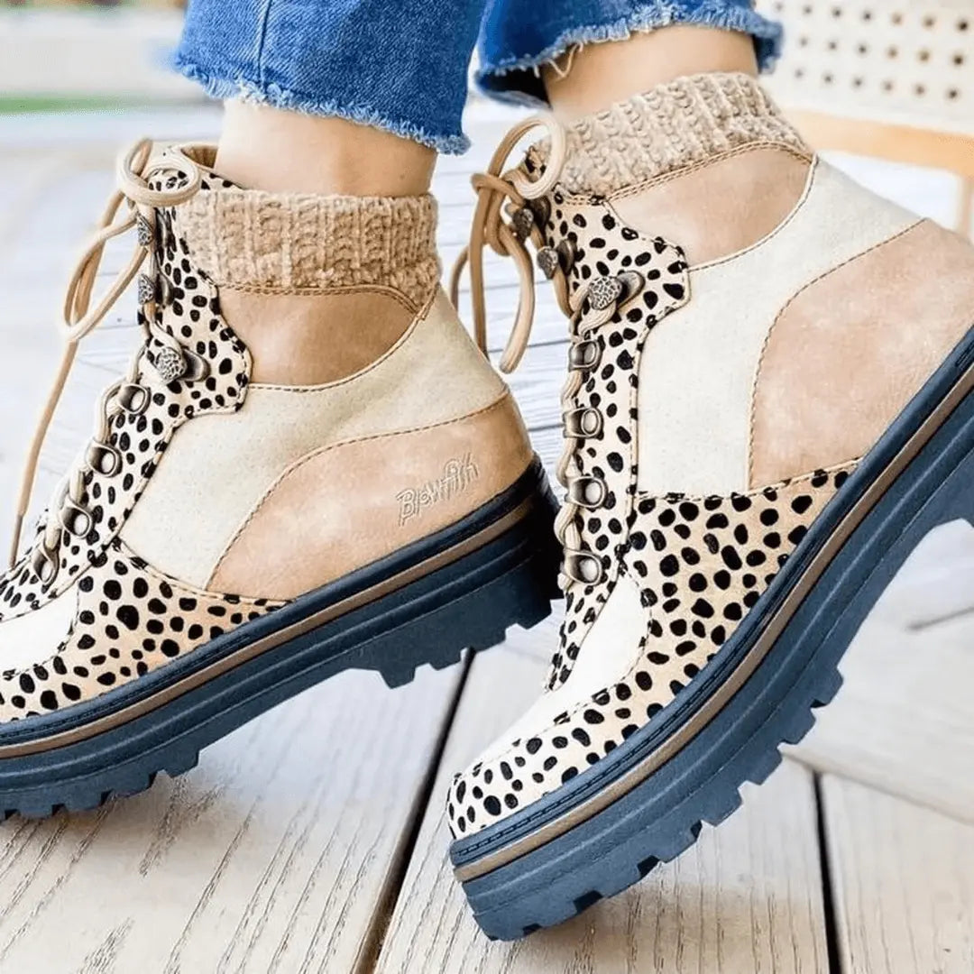 Color Contrast Leopard Print Chunky Heel Boots FOUR RIVAGE