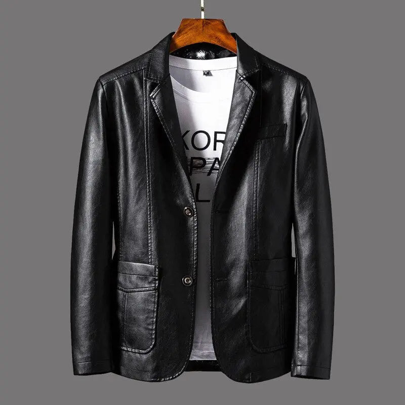 Men's Single Breasted Leather Blazer Jacket, Classic Style FOUR RIVAGE