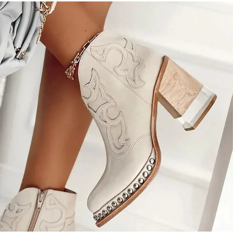 Embroidered Thick Heel Vintage Ankle Boots FOUR RIVAGE