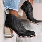 Embroidered Thick Heel Vintage Ankle Boots FOUR RIVAGE