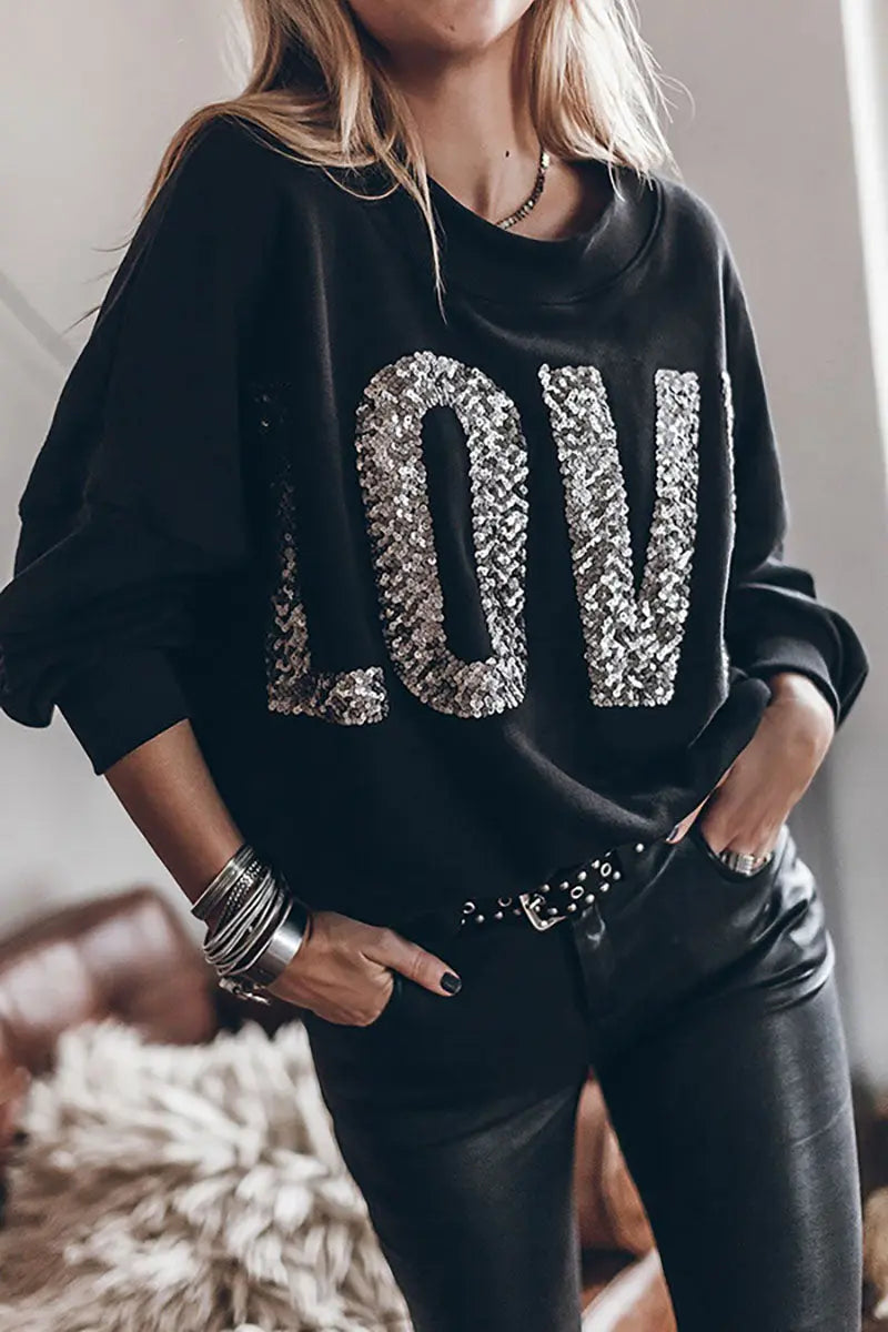 Black Batwing Sleeve Sweatshirt - Sequin LOVE Design FOUR RIVAGE