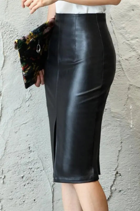 Faux Leather High-Waisted Split Skirt, Knee Length FOUR RIVAGE