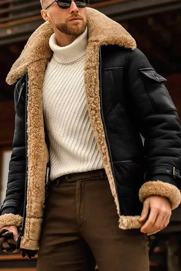 Winter Men Shearling Leather Jacket - Teddy Classic Style FOUR RIVAGE